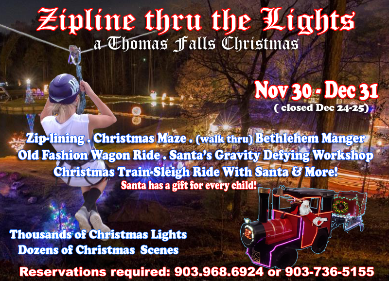 Zipline thru the Lights at Thomas Falls Christmas events, activities