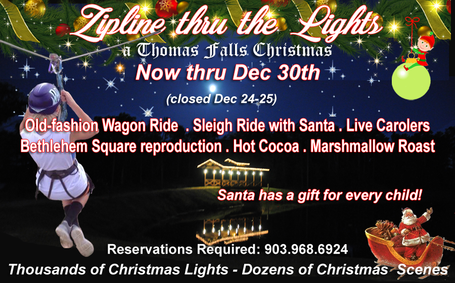 Zipline thru the Lights at Thomas Falls Christmas events, activities